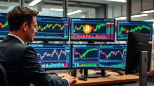 Photorealistic image of a professional investor analyzing cryptocurrency data on multiple monitors in a modern office, displaying bitcoin network activity and market charts in the background, no text visible on screens