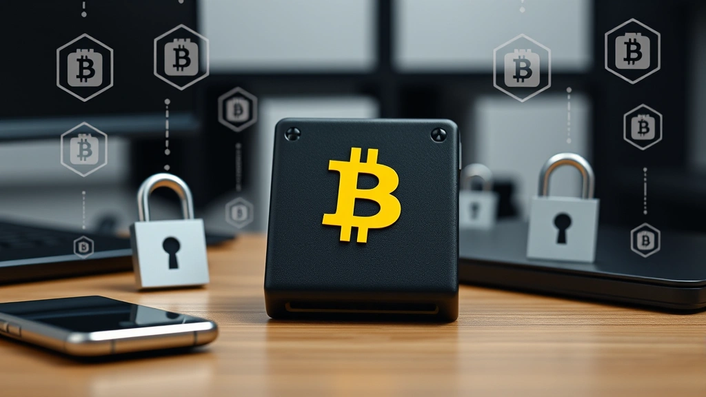 Secure hardware wallet device sitting on a desk with Bitcoin symbol visible, surrounded by security elements like padlocks and shield icons represented in the composition, photorealistic, clean minimalist design
