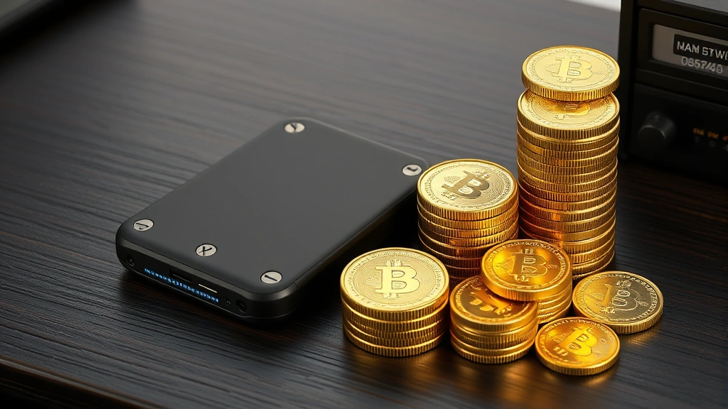 Photorealistic photograph of a secure hardware wallet device next to stacks of physical gold coins on a dark wooden desk, representing digital and physical asset storage, professional lighting, no labels