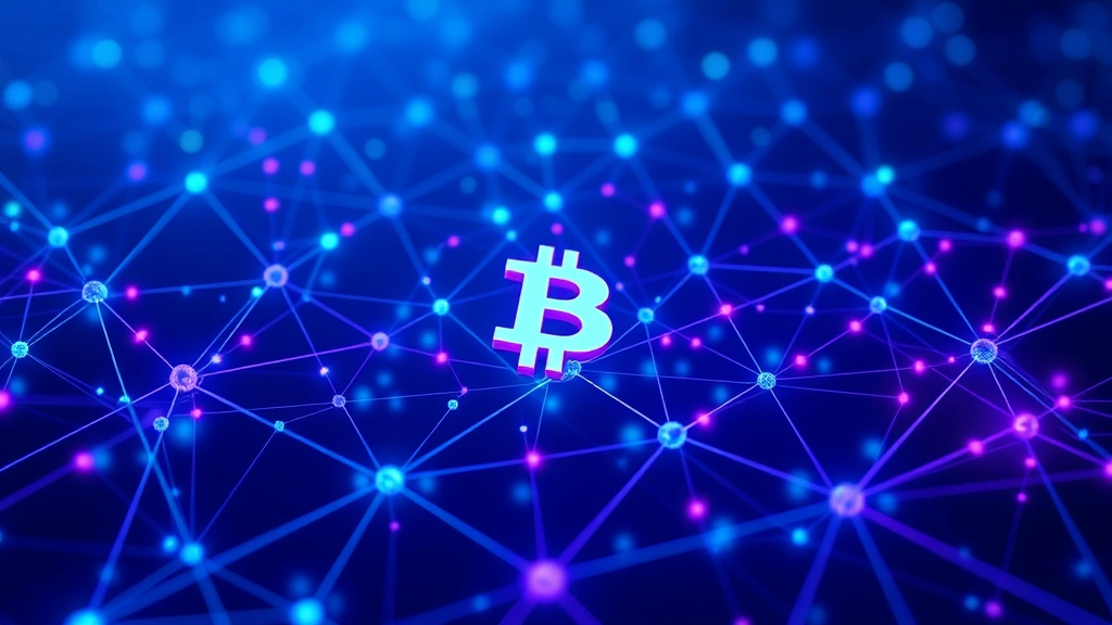 Blockchain network visualization showing interconnected nodes and data flows in blue and purple tones, representing Bitcoin's distributed ledger technology