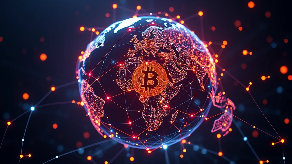 Digital representation of Bitcoin network nodes connecting across a globe, showing blockchain technology infrastructure with glowing connections and distributed ledger visualization, photorealistic, futuristic aesthetic