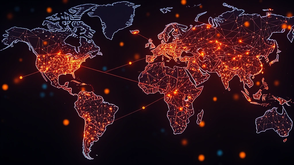 Photorealistic image of a global financial network visualization with interconnected nodes and glowing pathways representing bitcoin transactions across continents, abstract blockchain technology concept, no text elements