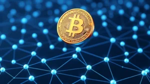 Digital bitcoin coin floating above blockchain network nodes with glowing blue connections, professional 3D rendering, cryptocurrency technology concept, clean modern aesthetic