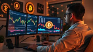 Photorealistic image of a modern cryptocurrency trader analyzing Bitcoin price charts on multiple high-resolution monitors in a professional home office setting, with Bitcoin symbols and blockchain networks visualized in the background, warm ambient lighting