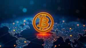 Photorealistic image of glowing Bitcoin cryptocurrency coin hovering above global financial network nodes and connections, blue and gold color scheme, no text