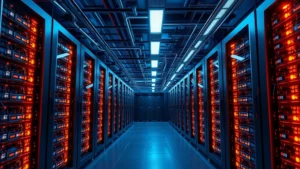 Photorealistic image of a modern cryptocurrency mining facility with rows of specialized hardware equipment under blue and amber lighting, showcasing the computational infrastructure supporting Bitcoin's blockchain network