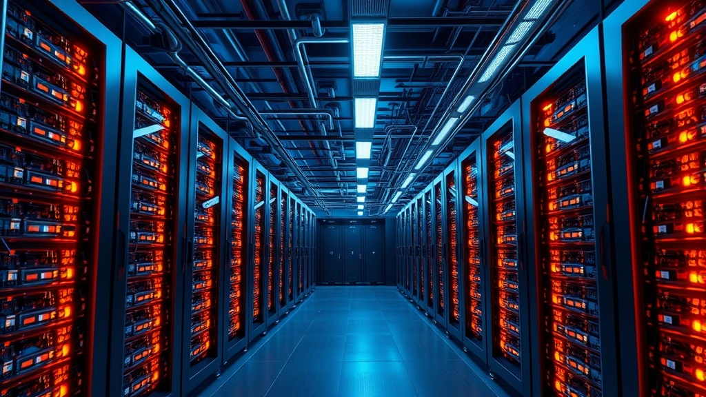 Photorealistic image of a modern cryptocurrency mining facility with rows of specialized hardware equipment under blue and amber lighting, showcasing the computational infrastructure supporting Bitcoin's blockchain network