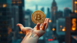 Photorealistic image of a digital Bitcoin token floating above an open hand, warm lighting, blurred cityscape background, representing cryptocurrency ownership and investment opportunity