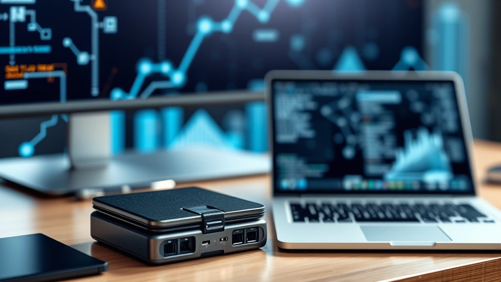 Photorealistic depiction of a hardware wallet device next to a laptop computer on a desk with blockchain-themed abstract visualization in the background, emphasizing security and digital asset protection
