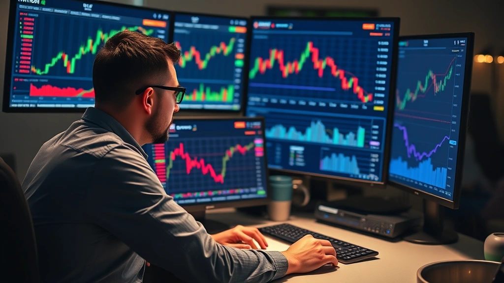 Investor analyzing cryptocurrency market data on multiple screens showing bitcoin price charts and portfolio allocation, professional workspace, focused analysis environment
