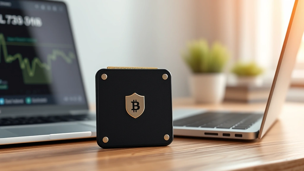 Photorealistic image of a secure hardware wallet device displayed on a wooden desk alongside a laptop, showcasing cryptocurrency security and digital asset protection, with soft focus background of blockchain network nodes