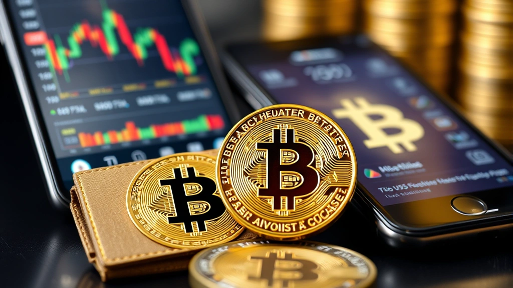 Photorealistic close-up of a hardware wallet device next to a smartphone displaying Bitcoin price charts, representing secure digital asset storage and portfolio management in modern cryptocurrency investing