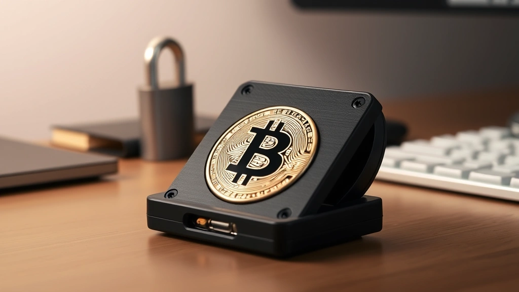 Bitcoin hardware wallet device on desk with cryptocurrency security concept, physical digital asset storage, professional photography with neutral background