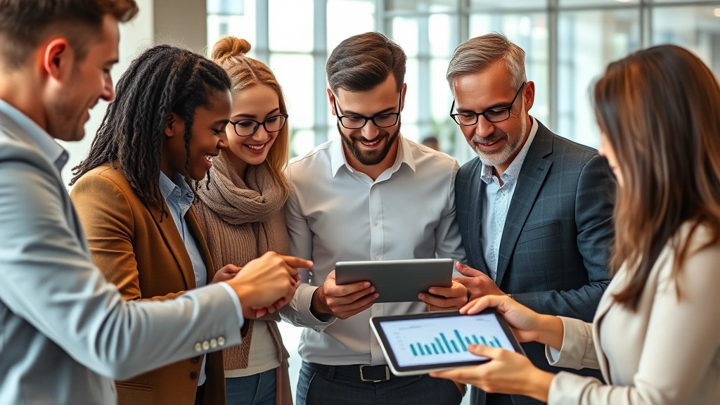 Photorealistic image of a diverse group of investors reviewing financial portfolios with cryptocurrency allocations on a tablet device in a contemporary office environment, representing portfolio diversification and investment planning