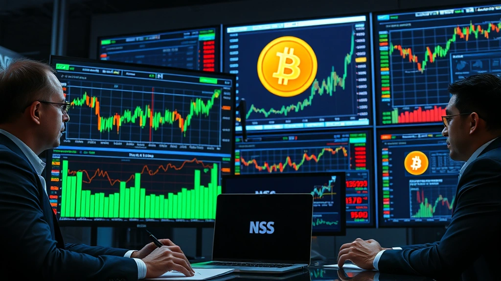 Photorealistic image of institutional investors analyzing cryptocurrency market data on digital screens showing Bitcoin growth potential, professional setting, no text