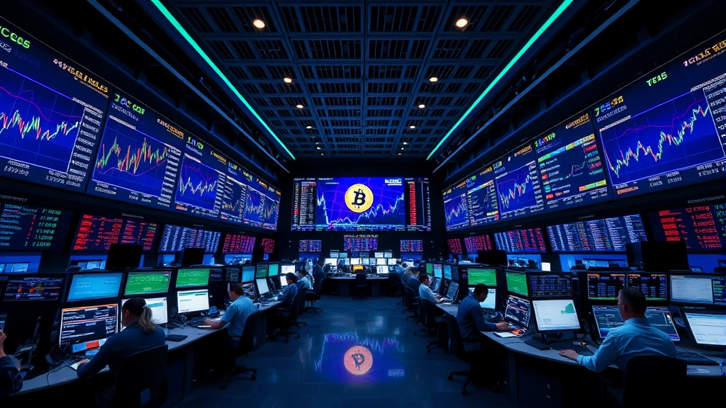 Photorealistic view of a modern cryptocurrency exchange floor with multiple high-resolution screens displaying bitcoin price charts and market data, professional traders working at stations, blue and green neon lighting, no text or numbers visible on screens