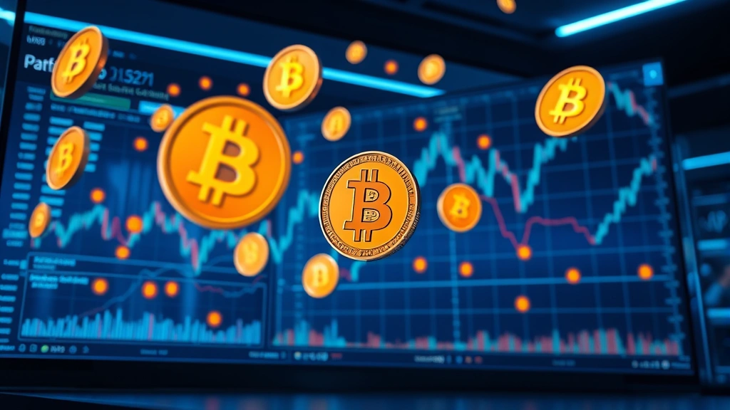 Modern cryptocurrency trading terminal with Bitcoin price charts and digital currency symbols floating in a futuristic blue-lit environment, photorealistic professional setting