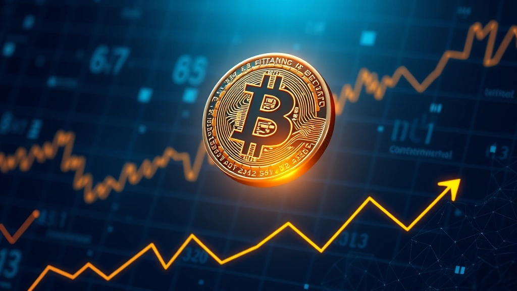 Glowing Bitcoin coin floating above financial charts with upward arrows and digital blockchain networks in background, professional financial visualization, 3D rendering, dark blue and gold colors