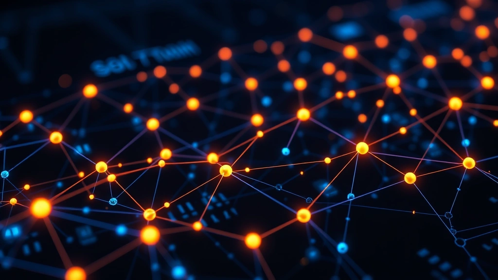 Digital representation of Bitcoin blockchain network with glowing nodes and connections, showing secure cryptocurrency transactions flowing across a dark technological background with blue and orange accent colors