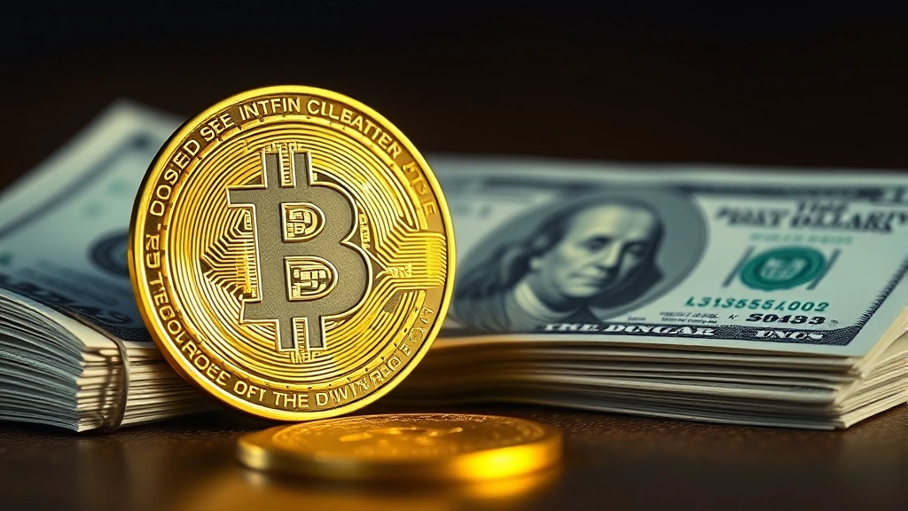 Photorealistic image of Bitcoin physical representation next to stack of US dollar bills with soft lighting and depth of field, showing the contrast between digital and traditional currency