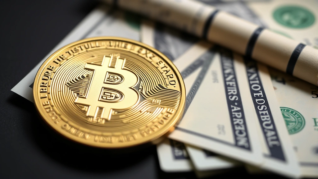 Close-up of Bitcoin physical coin with USD dollar bills arranged beside it, showing cryptocurrency-fiat currency exchange concept, professional lighting, shallow depth of field
