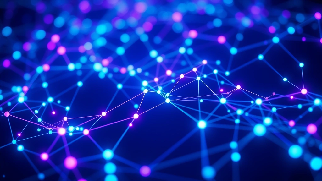 Detailed close-up of blockchain network visualization showing interconnected nodes and digital pathways representing bitcoin transactions, glowing cyan and purple nodes connected by light trails, abstract digital landscape, no text labels