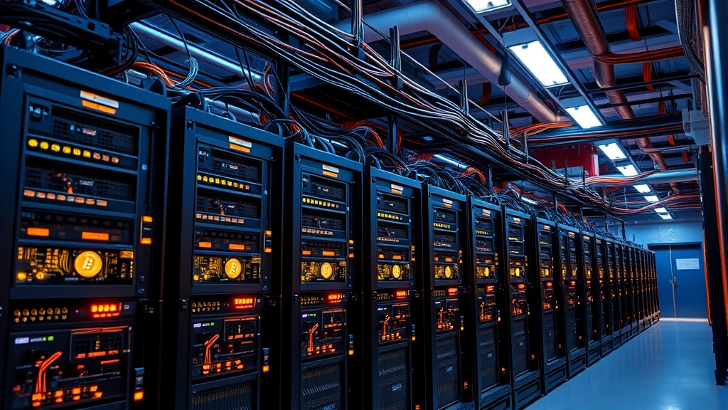 Industrial Bitcoin mining facility with rows of ASIC mining hardware units generating heat and light, cables organized overhead, blue and orange lighting, operational setup