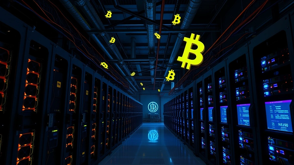 Industrial bitcoin mining operation with rows of powerful ASIC mining rigs generating heat, cooling systems active, dark warehouse environment illuminated by blue LED indicators and computer screens, digital currency symbols floating in the air, no visible text or tickers