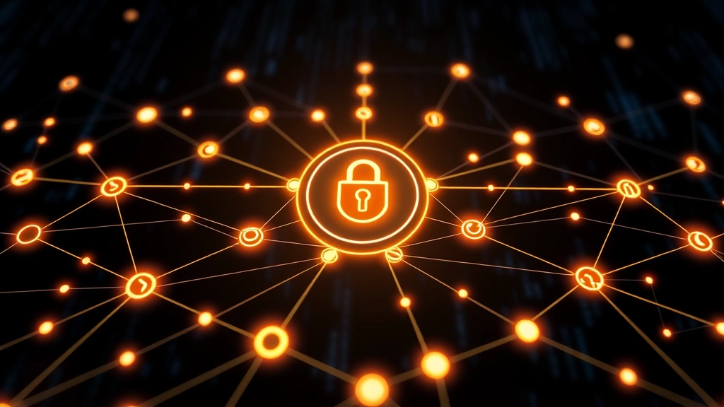 Digital security concept with glowing blockchain network nodes connected by lines, padlock icon in center, dark background with data streams, cybersecurity theme