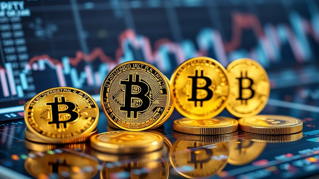 Bitcoin coins arranged on a sleek digital interface with glowing data streams, photorealistic cryptocurrency visualization, no text or numbers visible