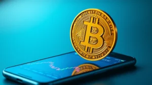 Photorealistic image of a digital Bitcoin symbol floating above a smartphone screen showing cryptocurrency trading interface with candlestick charts in soft blue and gold lighting, no text or numbers visible