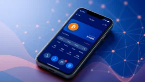 Digital wallet interface displaying Bitcoin fractional holdings on smartphone screen, modern minimalist design with blockchain network visualization in background, blue and orange color scheme