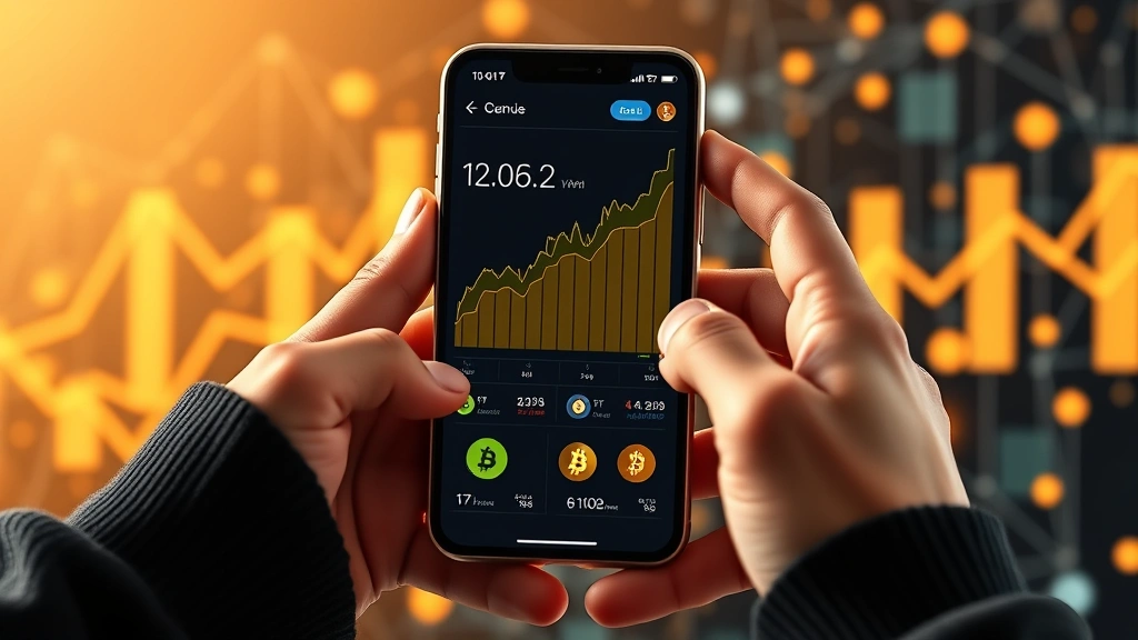 Hands holding a smartphone displaying cryptocurrency portfolio growth chart, modern fintech aesthetic with blockchain background elements, photorealistic