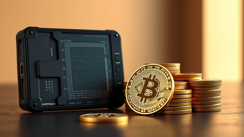 Detailed photorealistic view of a hardware cryptocurrency wallet device next to stacked gold coins representing Bitcoin wealth, modern minimalist setting with warm ambient lighting, no labels or text