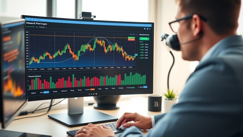 Investor reviewing portfolio performance chart on computer monitor showing Bitcoin price history and dollar-cost averaging accumulation pattern over time, professional office setting