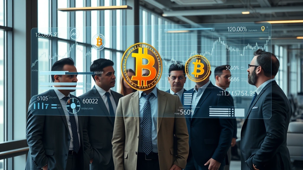 Photorealistic image of a diverse group of investors viewing holographic Bitcoin charts and financial data in a modern office environment with floor-to-ceiling windows, professional setting, no visible text or ticker symbols
