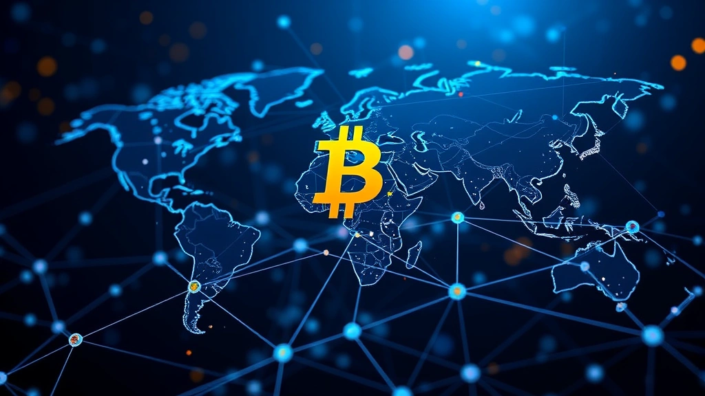 Digital representation of blockchain network nodes connecting globally, symbolizing Bitcoin's decentralized infrastructure and value transfer