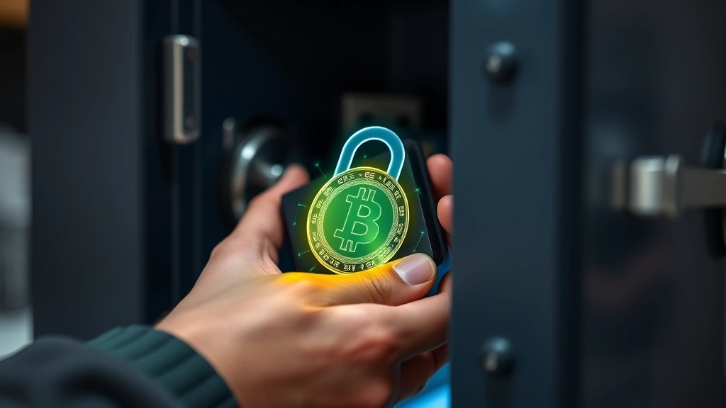 Person securing Bitcoin hardware wallet in home safe, close-up of hands holding device with digital security padlock overlay, representing cryptocurrency storage and security best practices
