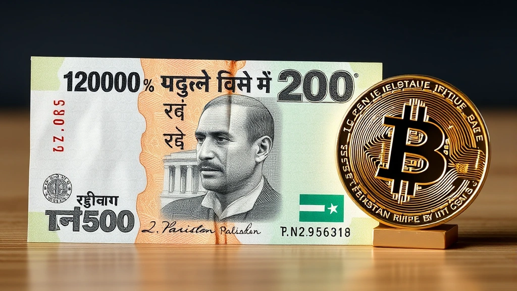 Photorealistic image of a Pakistani rupee banknote and Bitcoin physical representation side by side, showing currency comparison, professional financial photography, no text