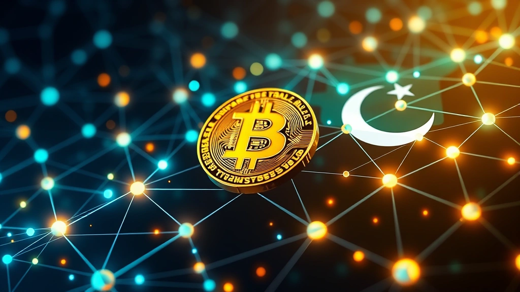 Digital cryptocurrency blockchain network visualization with Bitcoin symbol and Pakistani flag colors, glowing data nodes connected through network pathways, high-tech financial atmosphere, no text elements