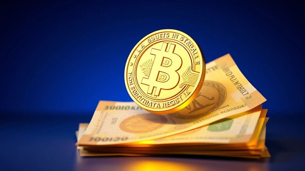 Digital Bitcoin coin floating above glowing Pakistani rupee currency notes, representing crypto-to-fiat conversion, photorealistic 3D rendering with gradient blue background