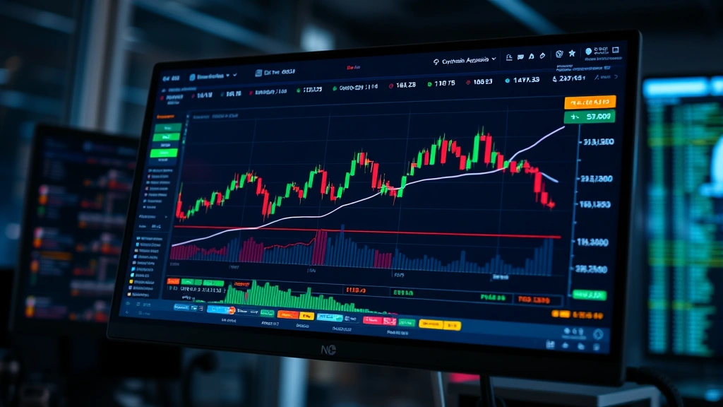 Realistic photograph of a cryptocurrency exchange trading interface on a computer screen showing Bitcoin price charts and market data, modern fintech environment, no visible text or ticker symbols