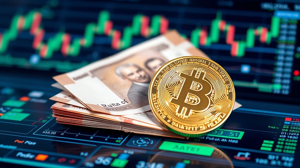 Pakistani rupee banknotes and Bitcoin physical representation on digital payment interface, modern fintech background with cryptocurrency trading charts displayed abstractly, secure transaction concept, photorealistic, no visible numbers or text