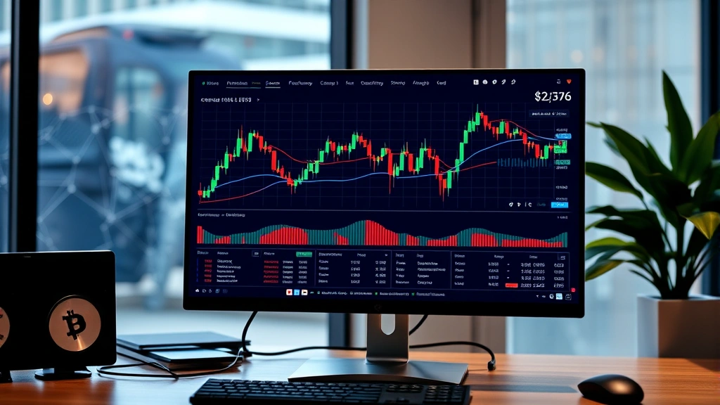 Cryptocurrency trading dashboard on modern computer monitor showing candlestick charts and market data, with blockchain network visualization, professional financial environment