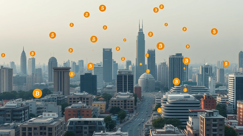 Photorealistic image of Pakistani cityscape with digital financial symbols floating above, representing cryptocurrency adoption in Pakistan, modern urban setting, no text overlay