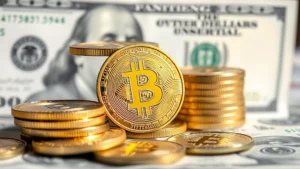 Close-up of Bitcoin coins stacked together with blurred USD currency bills in background, photorealistic, professional lighting, cryptocurrency and fiat comparison concept