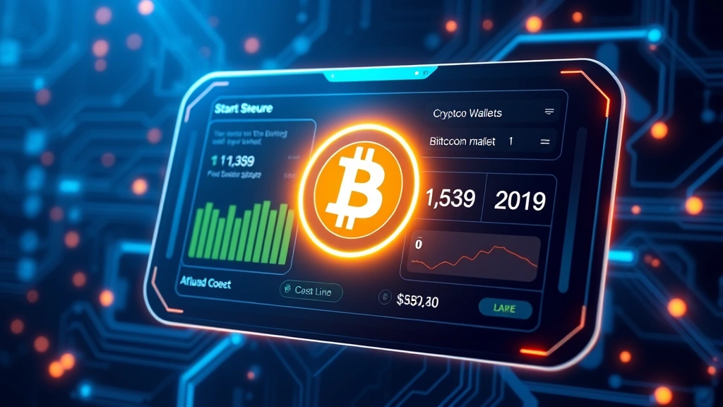 Digital representation of a secure cryptocurrency wallet interface showing Bitcoin holdings and conversion options, futuristic design, glowing elements, blockchain security visualization