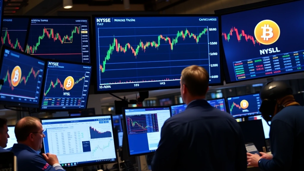 Bitcoin price chart displayed on multiple screens with traders analyzing data, busy financial trading floor atmosphere, real-time market data visualization, professional environment