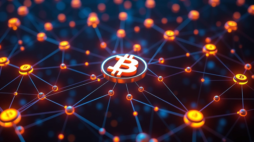 Digital blockchain network visualization with Bitcoin symbols glowing, interconnected nodes representing cryptocurrency ecosystem, photorealistic 3D rendering with blue and orange lighting