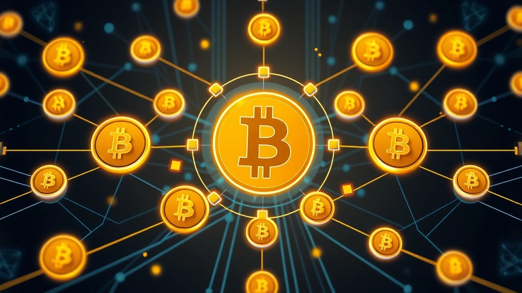 Cryptocurrency staking mechanism illustration showing blockchain nodes with reward flows and Bitcoin symbols, photorealistic style with network infrastructure and circular reward cycles